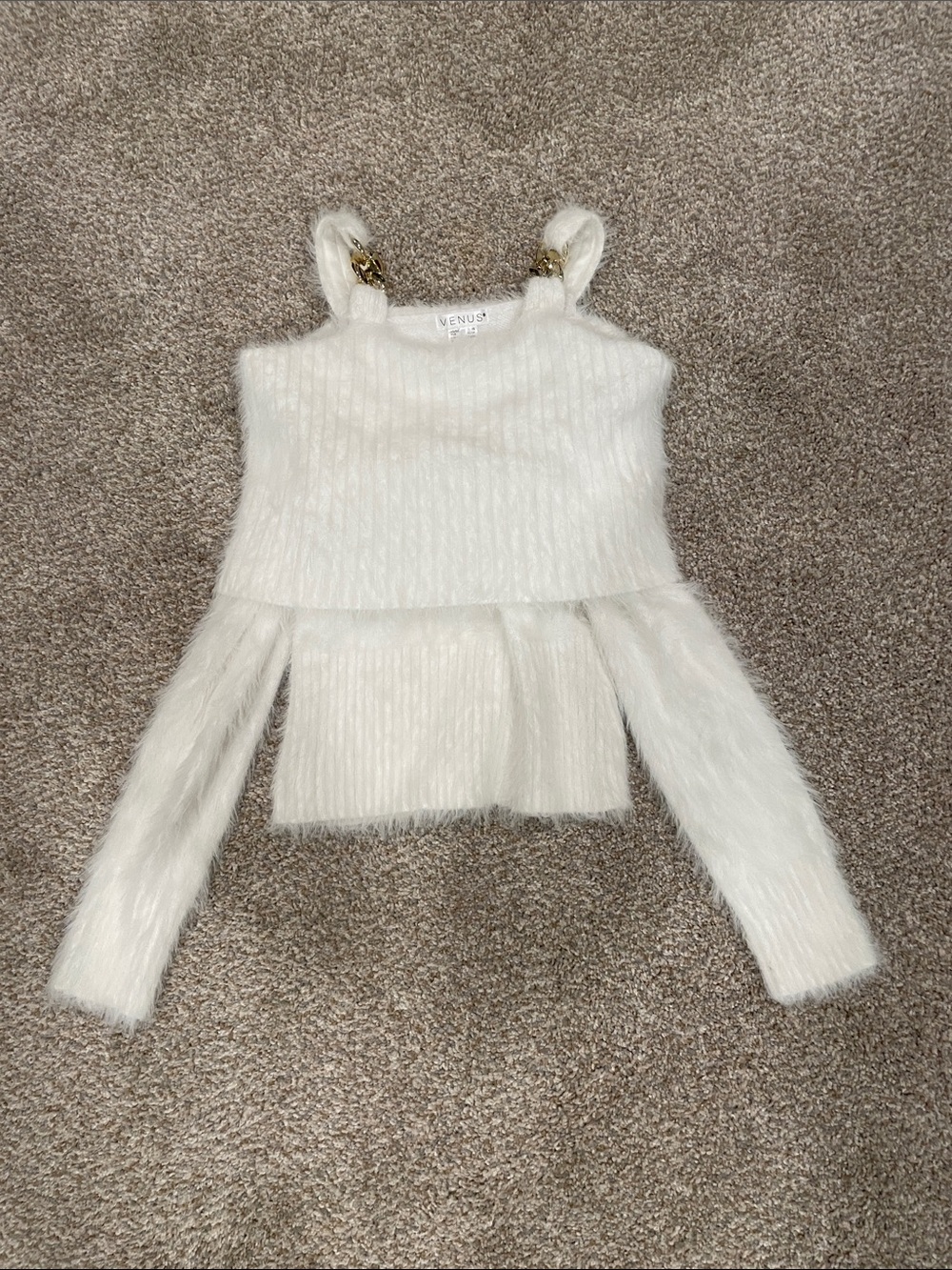 VENUS Cream Fuzzy Knit Crop Top with Gold Chain Straps